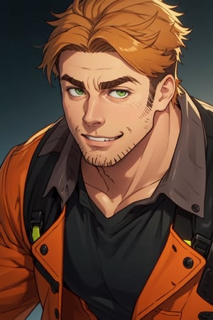 (1 image only), solo male, Gagumber, Sakugan, physical laborer worker, brown hair, two-tone hair, stubble, sideburns, green eyes, thick eyebrows, white tank top, (orange High-visibility jacket), open jacket, green work pants, black boots, black gloves, mature, handsome, charming, alluring, smile, (portrait, close-up), perfect anatomy, perfect proportions, best quality, masterpiece high_resolution, dutch angle, detailed background