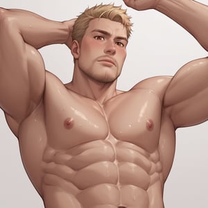 score_9, score_8_up, score_7_up, mns-pose, 1boy, solo, male focus, (Reiner Braun, blond hair, short hair, stubble, facial hair, hazel eyes), masculine, topless, nude, sweaty, wet, shiny skin, looking at viewer, horny, blush, looking down, from below, upper body, close-up, nipples, nipple slip, large pectorals, pectoral focus, sidepec, nude, muscular, muscular male, bara, simple background, (perfect eyes:1.1), arm rised