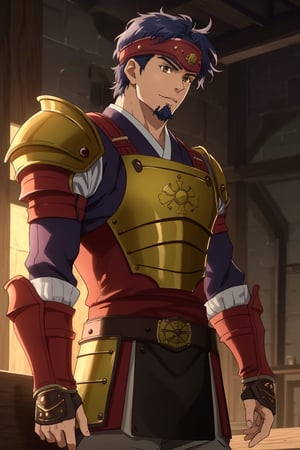 solo male, Kibito Araka, Kabaneri of the Iron Fortress, short hair, dark blue hair, brown-golden  eyes, goatee, muscular build, tall, bushi armor, (Armored Skirt Haidate), orange plated cuirass, padded sleeves, khaki pants, brown gauntlet, fingerless gauntlet, purple armored faceplate, black puttee, sandals, mature, handsome, charming, alluring, standing, upper body, perfect anatomy, perfect proportions, best quality, masterpiece, high_resolution, dutch angle, cowboy shot, photo background