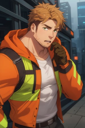 (1 image only), solo male, Gagumber, Sakugan, physical laborer worker, brown hair, two-tone hair, stubble, green eyes, thick eyebrows, (white tank top), (orange High-visibility jacket), open jacket, green work pants, black boots, black gloves, mature, handsome, charming, alluring, ((portrait, close-up)), perfect anatomy, perfect proportions, high_resolution, dutch angle, detailed background, cyberpunk city