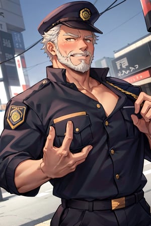 (1 image only), solo male, bara, Hogen, Tokyo Afterschool Summoners, Asain, Japanese, Tengu, old man, white hair, short hair, gold eyes, thick eyebrows, white facial hair, white beard, Japanese police uniform, Japanese police hat, pure aqua-color collared shirt, pure aqua-color sleeves, (black jacket on shoulders), grin, blush, horny, mature, handsome, charming, alluring, standing, upper body in frame, perfect anatomy, perfect proportions, 2D, anime, (best quality, masterpiece), (perfect eyes, perfect eye pupil), high_resolution, dutch angle, (Tokyo city street), better_hands, perfect fingers