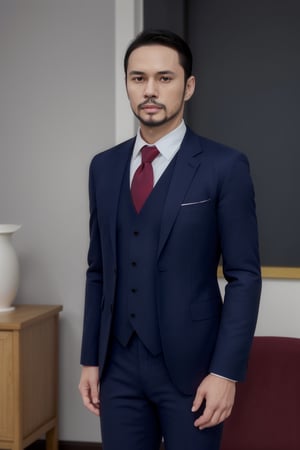 solo male, Maeda, Asobi Asobase, Japanese, butler, black hair, short hair, black eyes, facial hair, dark blue 3 Piece Suit, formal, white collared shirt, red necktie, dark blue vest, dark blue jacket, dark blue pants, mature, handsome, charming, alluring, calm, polite, upper body,  perfect anatomy, perfect proportions, best quality, masterpiece, high_resolution, (front view)