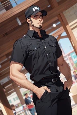 solo male, Memory T Cell\(Cells at Work\), tan skin, brown eyes, facial hair, goatee, sideburns, black uniform, black collared shirt, black pants, (wearing cap, black cap), boots, mature, handsome, charming, alluring, fit, silm, slender, standing, upper body, perfect anatomy, perfect proportions, best quality, masterpiece, high_resolution, dutch angle, cowboy shot, photo background
