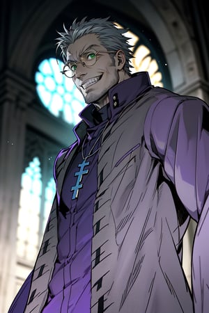 solo male, Alexander Anderson, Hellsing, Catholic priest, short silver-blond hair, green eyes, tanned skin, defined squared jaw, light facial hair, wedge-shaped scar on left cheek, round glasses, black clerical collar shirt with blue trim, (open purple-ish grey coat:1.5), open coat, black trousers, black boot,  white gloves, silver cross necklace, (single silver cross), mature, middle-aged, imposing, tall, handsome, charming, alluring, evil grin, upper body, perfect anatomy, perfect proportions, best quality, masterpiece, high_resolution, dutch angle, cowboy shot, photo background, Vatican City, indoor