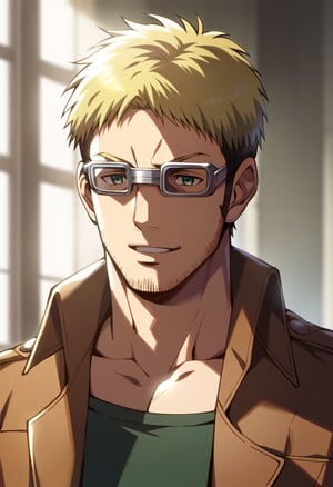 score_9, score_8_up, score_7_up, score_6_up, source_anime\(Attack on Titan\), perfect anatomy, perfect proportions, best quality, masterpiece, high_resolution, high quality, aesthetic, absurdres, (male focus), solo male, Abel, ((blond hair)), short hair, (long sideburns, thick facial hair, beard, chinstrap stubble, jawline stubble), paradis military uniform \(Attack on Titan\), (open tan color cropped jacket, olive green undershirt), (wearing glasses, thick-rimmed giggles with bands around head, eyes behind goggles), adult, mature, masculine, manly, handsome, charming, alluring, (portrait, headshot), upper body, dutch angle