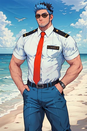 (1 image only), solo male, Wilbur, Animal Crossing, personification, blue hair, short hair, black eyes, blue facial hair, jawline stubble, aviation pilot uniform, white collor shirt, red necktie, epaulette, aviator sunglasses, (black aviator headset), blue pants, socks, black footwear,bandaid on nose, mature, dilf, bara, handsome, charming, alluring, smile, standing, upper body, hand in pocket, pectoral cleavage, perfect anatomy, perfect proportions, (best quality, masterpiece), (perfect eyes, perfect eye pupil), perfect hands, high_resolution, dutch angle, cowboy shot, seaside, summer