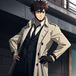 solo male, Genma Shizume, Asian, Japanese, black hair, chinstrap beard, sideburns, black eyes, calm eyes, slitty eyes, (white collared shirt, black necktie, black jacket:1.3), (brown trench coat, open trench 
 coat:1.3), black pants, black gloves, mature, masculine, handsome, charming, allurin, smile, standing, upper body, hand on waist, perfect anatomy, perfect proportions, (best quality, masterpiece, high_resolution:1.3), perfect eyes, dutch angle, cowboy shot
