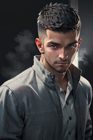 David King, black hair, stubble, handsome, charming, alluring, rugged, white collared shirt, black jacket, unbutton open jacket, roll up sleeve, (short hair, crewcut, flat hair:1.3, low hair:1.3), (standing), (upper body in frame), simple background, black background, fog, dark atmosphere, perfect light, perfect anatomy, perfect proportions, perfect perspective, 8k, HQ, (best quality:1.5, hyperrealistic:1.5, photorealistic:1.4, madly detailed CG unity 8k wallpaper:1.5, masterpiece:1.3, madly detailed photo:1.2), (hyper-realistic lifelike texture:1.4, realistic eyes:1.2), picture-perfect face, perfect eye pupil, detailed eyes, realistic, HD, UHD, (front view:1.2), portrait, looking outside frame,perfecteyes