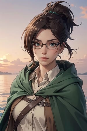 1 girl, HangeAOT, dark brown hair, messy high ponytail, light brown eyes, pure white collared shirt, (green scouts cloak:1.2), glasses, (black eye patch on left eye), fit body, mature, 35 years old, charming, alluring, (standing), (upper body in frame), simple background, endless ocean, pink cloudy sky, dawn, 1910s harbor, only1 image, perfect anatomy, perfect proportions, perfect perspective, 8k, HQ, (best quality:1.5, hyperrealistic:1.5, photorealistic:1.4, madly detailed CG unity 8k wallpaper:1.5, masterpiece:1.3, madly detailed photo:1.2), (hyper-realistic lifelike texture:1.4, realistic eyes:1.2), picture-perfect face, perfect eye pupil, detailed eyes, realistic, HD, UHD, (front view, symmetrical picture, vertical symmetry:1.2), look at viewer,AttackonTitan