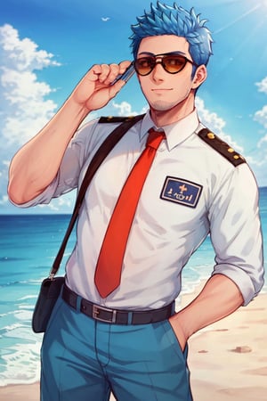 (1 image only), solo male, Wilbur, Animal Crossing, personification, pure blue hair, short hair, black eyes, blue facial hair, jawline stubble, aviation pilot uniform, white collor shirt, red necktie, epaulette, aviator sunglasses, blue pants, socks, black footwear, bandaid on nose, mature, dilf, bara, handsome, charming, alluring, grin, standing, upper body, hand in pocket, pectoral cleavage, perfect anatomy, perfect proportions, (best quality, masterpiece), (perfect eyes, perfect eye pupil), perfect hands, high_resolution, dutch angle, cowboy shot, seaside, summer