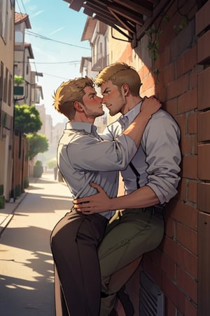 perfect anatomy, perfect proportions, perfect perspective, couple, ((2people)), first man giver (jean_kirstein, brown hair, stubble, light brown eyes),second mature man receiver(reiner braun, blond hair, stubble, hazel eyes, chiseled jaw), (( pure white collared shirt, roll-up sleeves)), short hair, stubble, dilf, different hair style, different hair color, different face, makeout, eye contact, gay, homo, slight shy, charming, alluring, seductive, highly detailed face, detailed eyes, perfect light, on 1910s city wall, military, retro, (best quality), (8k), (masterpiece), best quality, 1 image, rugged, manly, hunk, POV