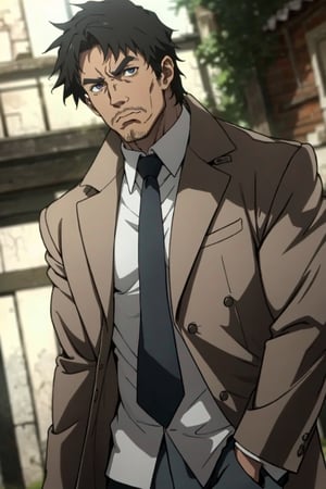 1boy, solo, Blitz T. Abrams, Kekkai Sensen, anime, tall, muscular man, hort black hair, blue eyes, facial hair, 51 years old, mature, handsome, manly, white collared shirt, black necktie, brown overcoat, perfect anatomy, perfect proportions, , 8k, HQ, HD, UHD, (best quality:1.5, hyperrealistic:1.5, photorealistic:1.4, madly detailed CG unity 8k wallpaper:1.5, masterpiece:1.3, madly detailed photo:1.2), (hyper-realistic lifelike texture:1.4, realistic eyes:1.2), picture-perfect face, perfect eye pupil, detailed eyes, dynamic, (dutch angle), high_resolution, image with colo