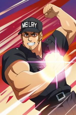 score_9, score_8_up, score_7_up, score_6_up, perfect anatomy, perfect proportions, best quality, masterpiece, high_resolution, high quality, best aesthetic, incredibly absurdres, highres, extremely detailed, huge filesize, mature, masculine, manly, virile, handsome, charming, alluring, bara, male focus, solo male, cowboy shot, dutch angle, source_anime \(Cells at Work! CODE BLACK\), anime coloring \Cells at Work! CODE BLACK\), Memory T Cell \(Cells at Work! CODE BLACK\), CaWBlMemoryTCell, brown hair, brown eyes, thick eyebrow, long sideburns, facial hair, stubble, CaWBKillerTCell_outfit, black cap, Killer T Cell cap \(Cells at Work\), Killer T Cell uniform \(Cells at Work\), black shirt, short sleeves, black pants. from below, low angle, flexing, 
