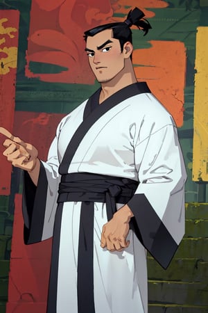 (1 image only), solo male, Samurai Jack, Cartoon Network style, Asian, Japanese, black hair, topknot, black eyes, geta, whire kimono, wide sleeves, mature, handsome, charming, alluring, standing, upper body, perfect anatomy, perfect proportions, (best quality, masterpiece), (perfect eyes), perfect hands, high_resolution, dutch angle, cowboy shot, fine art, 2d, flat