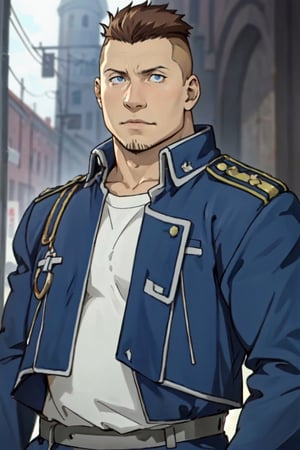 (1 image only), solo male, 1boy, Heymans Breda, Fullmetal Alchemist, anime, 2D, blue eyes, brown hair, short hair, high fade, stubble, handsome, (chubby), open (pure blue military uniform, blue 
 coat), confidence, charming, alluring, upper body in frame, perfect anatomy, perfect proportions, 8k, HQ, (best quality:1.2, hyperrealistic:1.2, photorealistic:1.2, masterpiece:1.3, madly detailed photo:1.2), (hyper-realistic lifelike texture:1.2, realistic eyes:1.2), high_resolution, perfect eye pupil, dutch angle,best quality, (long sleeves)