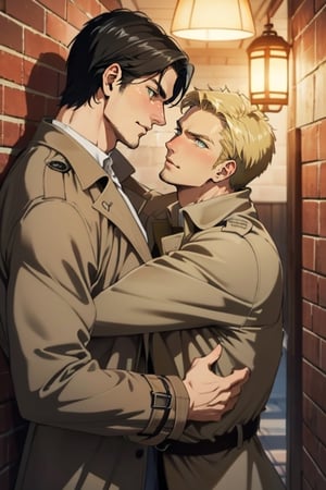 couple, ((2people)), first man giver((Eren Jaeger, ,erenad, black hair, long hair, long straight hair, hair down, stubble, grey-green eyes)), second mature man receiver((reiner braun, blond hair, short hair, stubble, hazel eyes, chiseled jaw)), ((uniform, white collared shirt, opem brown trench coat)), different hair style, different hair color, different face, makeout, eye contact, gay, homo, skight shy, charming, alluring, seductive, highly detailed face, detailed eyes, perfect light, 1910s military stone basement, retro, oil lamp light outside frame, (best quality), (8k), (masterpiece), best quality, 1 image, rugged, manly, hunk, perfect anatomy, perfect proportions, perfect perspective, hug,Eren Jaeger 