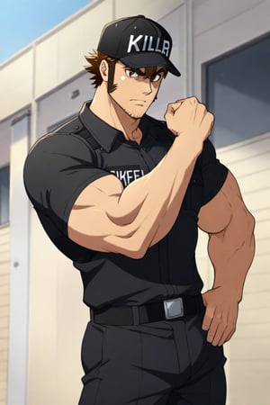 score_9, score_8_up, score_7_up, score_6_up, perfect anatomy, perfect proportions, best quality, masterpiece, high_resolution, high quality, best aesthetic, incredibly absurdres, highres, extremely detailed, huge filesize, mature, masculine, manly, virile, handsome, charming, alluring, bara, male focus, solo male, cowboy shot, dutch angle, source_anime \(Cells at Work! CODE BLACK\), anime coloring \Cells at Work! CODE BLACK\), Memory T Cell \(Cells at Work! CODE BLACK\), CaWBlMemoryTCell, brown hair, brown eyes, thick eyebrow, long sideburns, facial hair, stubble, CaWBKillerTCell_outfit, black cap, Killer T Cell cap \(Cells at Work\), Killer T Cell uniform \(Cells at Work\), black shirt, short sleeves, black pants. from below, low angle, flexing, 
