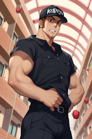 score_9, score_8_up, score_7_up, score_6_up, perfect anatomy, perfect proportions, best quality, masterpiece, high_resolution, high quality, best aesthetic, incredibly absurdres, highres, extremely detailed, huge filesize, mature, masculine, manly, virile, handsome, charming, alluring, bara, male focus, solo male, cowboy shot, dutch angle, source_anime \(Cells at Work! CODE BLACK\), anime coloring \Cells at Work! CODE BLACK\), Memory T Cell \(Cells at Work! CODE BLACK\), CaWBlMemoryTCell, brown hair, brown eyes, thick eyebrow, long sideburns, facial hair, stubble, CaWBKillerTCell_outfit, black cap, Killer T Cell cap \(Cells at Work\), Killer T Cell uniform \(Cells at Work\), black shirt, short sleeves, black pants. from below, low angle
