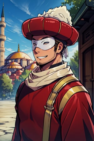 (1 image only), (solo male), 1boy, Sadik Adnan, TurkeyHetalia, Turkish male, olive-skinned, facial hair, chinstrap stubble, sideburns, brown hair, short hair, grin, red tunic, white sleeves, (red Ottoman Kavuk hat), (white eyemask), scarf, handsome, mature, charming, alluring, portrait, upper body, perfect anatomy, perfect proportions, 8k, HQ, (best quality:1.2, hyperrealistic:1.2, photorealistic:1.2, masterpiece:1.3, madly detailed photo:1.2), (hyper-realistic lifelike texture:1.2, realistic eyes:1.2), high_resolution, perfect eye pupil, (standing), perfecteyes, Hagia sophia, Istanbul loction, Islamic building, better_hands, perfecteyes,