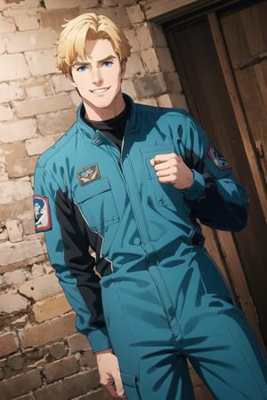 solo male, Lewis Smith \(Bang Brave Bang Bravern\), blond hair, short hair, blue eyes, grey military pilot jumpsuit, black boots, mature, handsome, charming, alluring, grin, standing, upper body, perfect anatomy, perfect proportions, best quality, masterpiece, high_resolution, dutch angle, cowboy shot, photo background,Lewis Smith