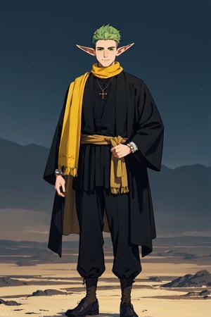 solo male, Kraft\(Frieren: Beyond Journey's End\), elf, masculine, manly, smile, clergy, (olive green hair), short hair, undercut, multicolored hair, green eyes, pointed ears, BREAK (black clothing, above-knee-length-robe, black robe with yellow-cuff-trim:1.4), button up robe, (wide black pants), (cream-colored-stole-scarf:1.2), white puttee, shoes, necklace, mature, handsome, charming, alluring, standing, upper body, perfect anatomy, perfect proportions, best quality, masterpiece, high_resolution, dutch angle, cowboy shot, photo background