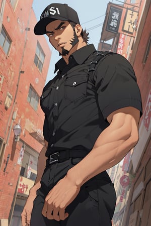 solo male, Memory T Cell\(Cells at Work\), tan skin, brown eyes, intense eyes, angled eyebrows, facial hair, goatee, sideburns, black uniform, black collared shirt, black pants, (wearing cap, black cap), boots, mature, handsome, charming, alluring, fit, silm, slender, standing, upper body, perfect anatomy, perfect proportions, best quality, masterpiece, high_resolution, dutch angle, cowboy shot, photo background, perfect eyes

