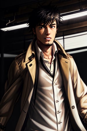 solo male, Genma Shizume, Asian, Japanese, black hair, chinstrap beard, sideburns, black eyes, calm eyes, slitty eyes, intense gaze, (dress in layers), (white under collared shirt, black suit jacket:1.6), black necktie, (black suit jacket under light brown trench coat, open trench coat:1.6), black pants, black gloves, mature, masculine, handsome, charming, allurin, grin, smile, upper body, perfect anatomy, perfect proportions, (best quality, masterpiece, high_resolution:1.3), (perfect eyes, perfecteyes:1.3)