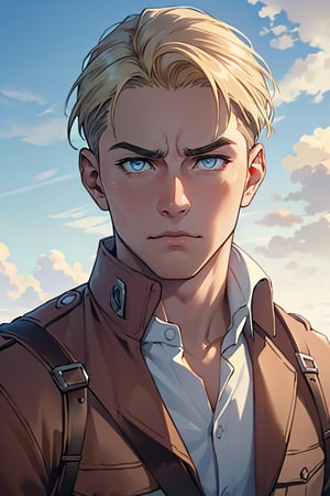 erwin_smith, blonde hair, icy blue eyes, thick eyebrows, AttackonTitan, scout regiment uniform, fit body, 39 years old, mature, dilf, charming, alluring, dejected, depressed, sad, calm eyes, (standing), (upper body in frame), simple background, green plains, grey blue cloudy sky, dawn, only1 image, perfect anatomy, perfect proportions, perfect perspective, 8k, HQ, (best quality:1.5, hyperrealistic:1.5, photorealistic:1.4, madly detailed CG unity 8k wallpaper:1.5, masterpiece:1.3, madly detailed photo:1.2), (hyper-realistic lifelike texture:1.4, realistic eyes:1.2), picture-perfect face, perfect eye pupil, detailed eyes, realistic, HD, UHD, (front view, symmetrical picture, vertical symmetry:1.2), look at viewer