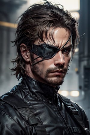 (1 image only), solo male, 1boy, Big Boss, Metal Gear Solid, bslue eyes, brown hair, facial hair, (eyepatch, grey headband), sneaking suit, handsome, mature, charming, alluring, upper body in frame, perfect anatomy, perfect proportions, 8k, HQ, (best quality:1.2, hyperrealistic:1.2, photorealistic:1.2, masterpiece:1.3, madly detailed photo:1.2), (hyper-realistic lifelike texture:1.2, realistic eyes:1.2), high_resolution, perfect eye pupil, dutch angle