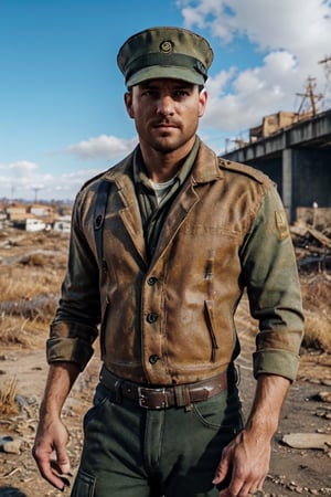 Robert MacCready, blue eyes, light brown hair, facial hair, ttopless, shirtless, hat, military green pants, fit body, handsome, charming, alluring, shy, erotic, dashing, intense gaze, (standing), (upper body in frame), ruined overhead interstate, Fallout 4 location, post-apocalyptic ruins, desolated landscape, dark blue sky, polarising filter, perfect light, only1 image, perfect anatomy, perfect proportions, perfect perspective, 8k, HQ, (best quality:1.2, hyperrealistic:1.2, photorealistic:1.2, madly detailed CG unity 8k wallpaper:1.2, masterpiece:1.2, madly detailed photo:1.2), (hyper-realistic lifelike texture:1.2, realistic eyes:1.2), picture-perfect face, perfect eye pupil, detailed eyes, realistic, HD, UHD