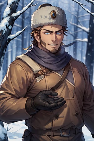 (human), (1 image only), solo male, Vasily Pavlichenko, Golden Kamuy, Russian, sniper, brown hair, blue eyes, sharp eyes, defined eyelashes, furrowed brow, grin, wavy medium-length hair, bold sideburns, short and neat Shenandoah beard, lightly-colored coat, dark gloves, scarf, pants, boots, crossbody bag, handsome, charming, alluring, standing, upper body in frame, perfect anatomy, perfect proportions, 2d, anime, (best quality, masterpiece), (perfect eyes, perfect eye pupil), high_resolution, dutch angle, snowy forest, better_hands, tall wool cap, papakha, ushanka