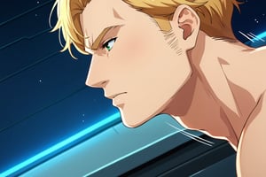 score_9, score_8_up, score_7_up, score_6_up, perfect anatomy, perfect proportions, best quality, masterpiece, high_resolution, high quality, aesthetic, absurdres, solo male, Lewis Smith, blond hair, short hair, sideburns, green eyes, nude, mecha cockpit, (close up, from side, headshot), mature, handsome, charming, alluring, masculine, serious, intense eyes, v-shaped eyebrows, mad, passionate, look outside, leaning forward, sitting, mecha cockpit, BREAK ((eyes focus, cropped, dutch angel)), dark background, science fiction, cinematic, cinematic still, emotional, harmonious, bokeh, cinemascope, moody, epic, gorgeous, inside the mecha, BREAK (emphasis lines, motion lines, motion blur)