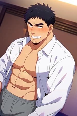 score_9, score_8_up, score_7_up, score_6_up, 2d, anime, perfect anatomy, perfect proportions, best quality, masterpiece, high_resolution, high quality, solo male, Harumi Takeda , takeda harumi \(shiromanta\), black hair, short hair, facial hair, stubble, black eyes, thick eyebrows, sanpaku, constricted pupils, white collared shirt, open shirt, undressing, roll up sleeves, pecs, abs, grey boxer underwear, loose boxer, grey socks, bare tights, bare legs, legs hair, standing, adult, mature, masculine, manly, handsome, charming, alluring, blush, grin, upper body, dutch angle, cowboy shot, early morning, bedroom, simple background