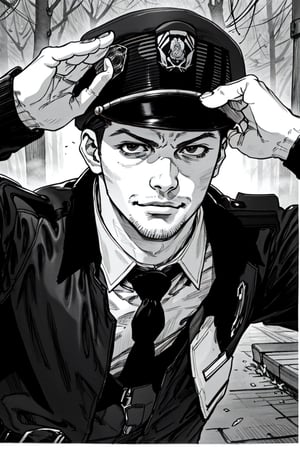 (1 image only), solo male, Agawa Daigo, Gannibal, Asian ,Japanese, black hair, short hair, thin stubble, black eyes, policeman, white collared shirt, dark blue necktie, black jacket, long sleeves, black sleeves, (buttoned up jacket), dark blue pants, black shoes, police peaked cap,((salute, hand adjusting cap)), mature, handsome, charming, alluring, perfect anatomy, perfect proportions, rural, pastoral, forest, creep, suspense, horror, bloody, manga, greyscale, monochrome, (manga brushwork style, traditional drawing), (portrait
, close-up), looking_at_viewer, smirk, upperbody, HORROR,boichi manga style