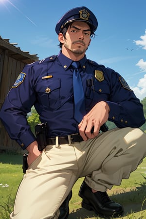 (1 image only), solo male, Agawa Daigo, Gannibal, Asian ,Japanese, black hair, short hair, (stubble), black eyes, policeman, white collared shirt, dark blue necktie, black jacket, dark blue pants, black shoes, Japanese police peaked cap, mature, handsome, charming, alluring, perfect anatomy, perfect proportions, (best quality, masterpiece), (perfect eyes), perfect hands, high_resolution, dutch angle, cowboy shot, rural .pastoral,boichi manga style, creep, suspense