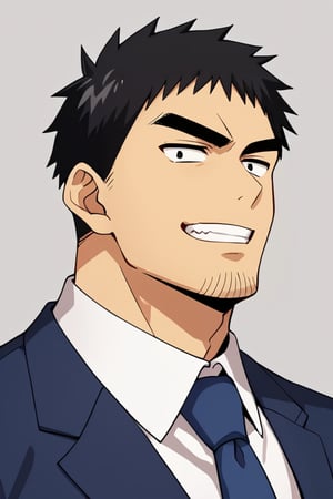 score_9, score_8_up, score_7_up, score_6_up, perfect anatomy, perfect proportions, best quality, masterpiece, high_resolution, high quality, solo male, Harumi Takeda , takeda harumi \(shiromanta\), black hair, short hair, facial hair, stubble, black eyes, thick eyebrows, sanpaku, constricted pupils, (white collared shirt), blue necktie, black pants, adult, mature, masculine, manly, handsome, charming, alluring, grin, portrait, headshot, dutch angle, view from right side 