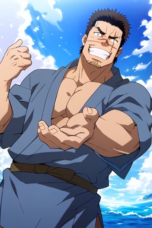 score_9, score_8_up, score_7_up, score_6_up, perfect anatomy, perfect proportions, best quality, masterpiece, high_resolution, high quality, best aesthetic, incredibly absurdres, highres, extremely detailed, huge filesize, mature, masculine, manly, virile, handsome, charming, alluring, bara, male focus, solo male, cowboy shot, source_anime \(My Bride is a Mermaid\), anime coloring \(My Bride is a Mermaid\), Gozaburo Seto \My Bride is a Mermaid\), MBMGozaburo, black hair, short hair, black eyes, sanpaku, sideburns, facial hair, stubble, thick eyebrows, scar across eye, scar across nose, Gozaburo_Outfit01, Japanese clothes, grey-blue yukata, grin, standing, outdoors, pohoto background, look at viewer, low angle, blue sky, ocean