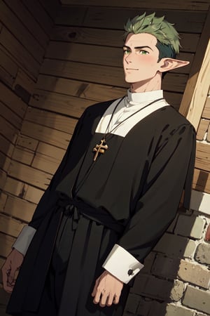 solo male, Kraft\(Frieren: Beyond Journey's End\), elf, masculine, manly, clergy, (olive green hair), short hair, undercut, multicolored hair, green eyes, pointed ears, BREAK (black above-knee-length-cassock, black cassock, black short cassock with yellow-trim), (wide black pants), (white -colored-clergy-stole:1.2), (white puttee\(legwraps\):1.2), brown shoes, necklace, mature, handsome, charming, alluring, smile, blush, standing, upper body, perfect anatomy, perfect proportions, best quality, masterpiece, high_resolution, dutch angle, cowboy shot, photo background,Kraft