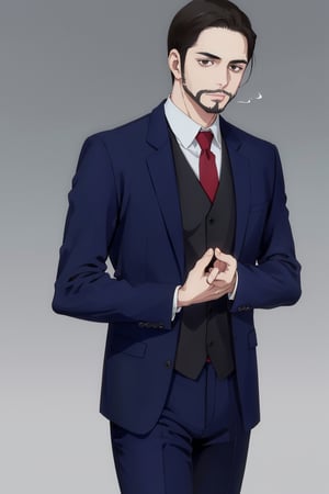 solo male, Maeda, Asobi Asobase, butler, black hair, short hair, black eyes, facial hair, dark blue 3 Piece Suit, formal, white collared shirt, red necktie, dark blue vest, dark blue jacket, dark blue pants, mature, handsome, charming, alluring, calm, polite, close-up, portrait, perfect anatomy, perfect proportions, best quality, masterpiece, high_resolution, front view