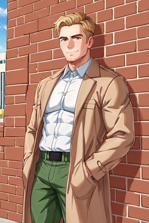 solo male, Reiner Braun, blond hair, short hair, facial hair, stubble, hazel eyes, thin eyebows, blond eyebows, (masculine, mature), (pure white collared shirt:1.3), light-brown trench coat, (long coat, open coat:1.2), military dark green pants, black combat boots, handsome, charming, alluring, standing, upper body, slight smile, mouth, perfect anatomy, perfect proportions, best quality, masterpiece, high_resolution, dutch angle, cowboy shot, photo background, score_9_up, historical europe ciry, brick walls