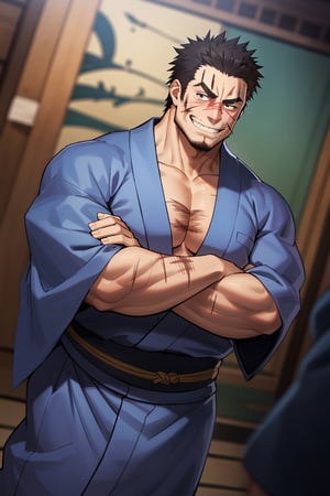 solo male, Gōzaburō Seto, My Bride is a Mermaid, Japanese, short hair, black hair,  black eyes, facial hair, thick eyebrows, scar on face, scar on nose, scar across eye, sideburns, yukata, japanese sandals, mature, handsome, charming, alluring, grin, standing, arm crossed, upper body, perfect anatomy, perfect proportions, best quality, masterpiece, high_resolution, dutch angle, cowboy shot, photo background
