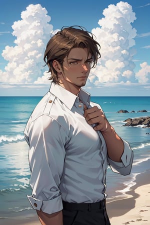 jean_kirstein(brown hair, short hair, stubble, bare forehead:1.2), (light brown eyes:1.4), fit body, (wearing pure white collared shirt, button up shirt:1.3), military green pants, black combat boots:1.2), roll up sleeve, manly, bulky, charming, alluring, dejected, depressed, sad, (standing), (upper body in frame), simple background(1910s harbor, endless ocean, midday, cumulus clouds), backlight, blue sky, perfect light, only 1 image, perfect anatomy, perfect proportions, perfect perspective, 8k, HQ, (best quality:1.5, hyperrealistic:1.5, photorealistic:1.4, madly detailed CG unity 8k wallpaper:1.5, masterpiece:1.3, madly detailed photo:1.2), (hyper-realistic lifelike texture:1.4, realistic eyes:1.2), picture-perfect face, detailed eyes, perfect eye pupil, realistic, HD, UHD, front view 