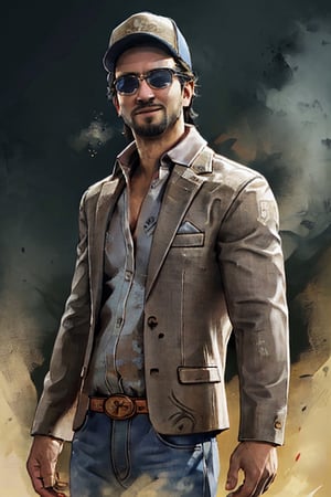 1boy, solo, Ace Visconti, Dead By Dayligh, Argentinian of Italian descent, gambler, grey-streaked hair, facial hair, sunglasses, cap, damask print shirt, classic jacket, jeans, mature,manly, masculine, handsome, charming, alluring, smirk, (standing), (upper body in frame), dark background, fog, dark atmosphere, perfect light, perfect anatomy, perfect proportions, 8k, HQ,  (best quality:1.2, masterpiece:1.2, madly detailed), perfect face, front view, portrait