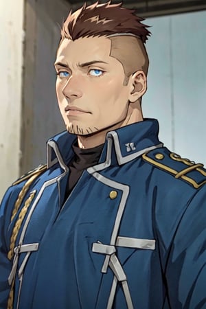 (1 image only), solo male, 1boy, Heymans Breda, Fullmetal Alchemist, anime, 2D, blue eyes, brown hair, short hair, high fade, stubble, handsome, (chubby), open (pure blue military uniform, blue 
 coat), confidence, charming, alluring, upper body in frame, perfect anatomy, perfect proportions, 8k, HQ, (best quality:1.2, hyperrealistic:1.2, photorealistic:1.2, masterpiece:1.3, madly detailed photo:1.2), (hyper-realistic lifelike texture:1.2, realistic eyes:1.2), high_resolution, perfect eye pupil, dutch angle,best quality, (long sleeves)