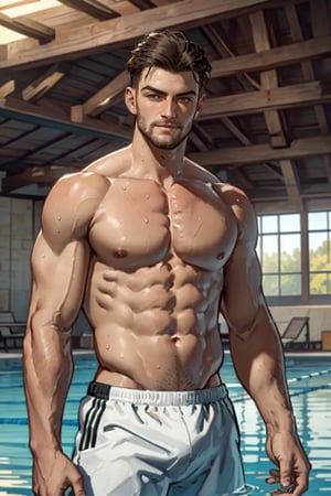 (1 image only), solo male, Geoffrey McCullum, short hair, bare forehead, (facial hair, stubble), (topless, shirtless, bare legs, bare buttlock, bare groin, bare abdomen), (short and tight speedo), bulge, sweaty, shiny skin, mature, manly, hunk, masculine, virile, confidence, charming, alluring, sexy, erotic, smile, arm rised, upper body in frame, perfect anatomy, perfect proportions, 8k, HQ, (best quality:1.5, hyperrealistic:1.5, photorealistic:1.4, madly detailed CG unity 8k wallpaper:1.5, masterpiece:1.3, madly detailed photo:1.2), (hyper-realistic lifelike texture:1.4, realistic eyes:1.2), picture-perfect face, perfect eye pupil, detailed eyes, perfecteyes, 1900s Victorian style indoor swimming pool, elegant location, art deco, stucco, Art Deco style geometric 