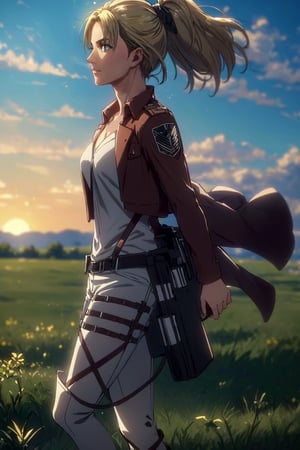 1girl, solo, Nanaba, Attack on Titan, blue eyes, wore standard Survey Corps uniform with a light-colored v-neck underneath, (blond hair) short light hair, petite build, beautiful, handsome female, charming, alluring, gentle expression, soft expression, calm, smile (standing), (full body in frame), simple background, green plains, sky, dawn light, cinematic light, perfect anatomy, perfect proportions, 8k, HQ, HD, UHD, (best quality:1.5, hyperrealistic:1.5, photorealistic:1.4, madly detailed CG unity 8k wallpaper:1.5, masterpiece:1.3, madly detailed photo:1.2), (hyper-realistic lifelike texture:1.4, realistic eyes:1.2), picture-perfect face, perfect eye pupil, detailed eyes, dynamic, (dutch angle), (side view), AttackonTitan,perfecteyes, Nanaba,1 girl