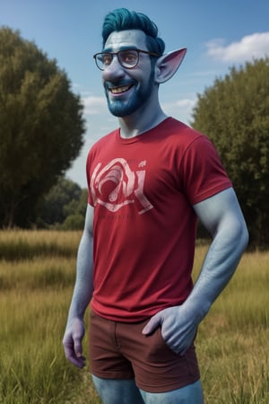 (1 image only), solo male, Wilden Lightfoot, Pixar Animation Onward, blue skin, dark blue hair, short hair, brown eyes, thick eyebrows, pointy ears, facial hair, beard, black-framed-glasses, (red t-shirt:1.2), khaki shorts, mature, bara, dilf, handsome, charming, alluring, smile, standing, upper body, perfect anatomy, perfect proportions, (best quality, masterpiece), (perfect eyes, perfect eye pupil), perfect hands, high_resolution, dutch angle, cowboy shot, green field