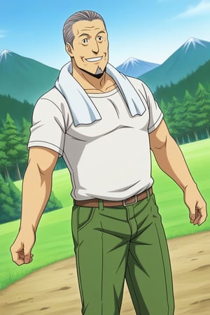 perfect anatomy, perfect proportions, best quality, masterpiece, high_resolution, high quality, aesthetic, absurdres, (male focus), solo male, adult, mature, masculine, manly, handsome, charming, alluring, solo man, old man, source_anime, anime coloring, Daisaku Mikage, SSDaisaku, grey hair, short hair, hair slicked back, black eyes, facial hair, goatee, white t-shirt, short sleeves, green pants, white towel around neck, cowboy shot, dutch angle, blue sky, outdoor, mountain, smile