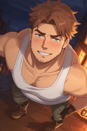 (1 image only), solo male, Gagumber, Sakugan, physical laborer worker, brown hair, two-tone hair, stubble, green eyes, thick eyebrows, ((white tank top)) , bare shoulder, bare neck, green work pants, black boots, black gloves, mature, handsome, charming, alluring, smile, blush, ((portrait, close-up)), perfect anatomy, perfect proportions, high_resolution, dutch angle, detailed background, steampunk city