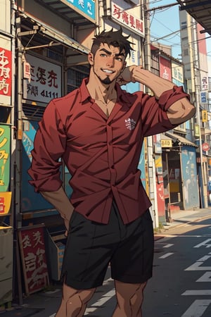 (1 image only), solo male, Jay Chiang, Great Pretender Razbliuto, Asian, Taiwanese, modern Taipei city, day, cityscape, Taipei 101, 2d, anime, flat, black hair, short hair, high fade, goatee, thick eyebrows, (brown eyes), (pure red collared shirt, red sleeves rolled up:1.2) black shorts, socks, leather shoes, smile, 1 hand behind head, mature, handsome, charming, alluring, standing, upper body, perfect anatomy, perfect proportions, (best quality, masterpiece), (perfect eyes:1.2), perfect hands, high_resolution, dutch angle, cowboy shot, metal steel building